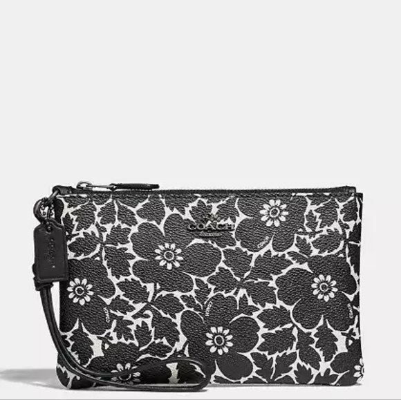 🖤 Coach Black White Anemone Floral Coated Canvas Gunmetal Nickel Wristlet Bag - Picture 1 of 11